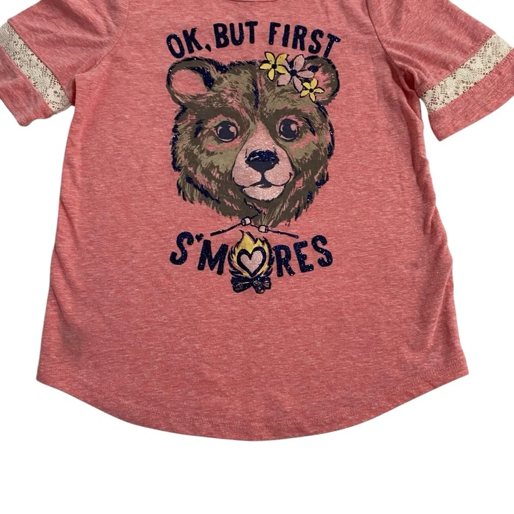 JUSTICE T-Shirt Top Size 7 Lace Pink Sparkle Bear S’mores Graphic Short Sleeve
